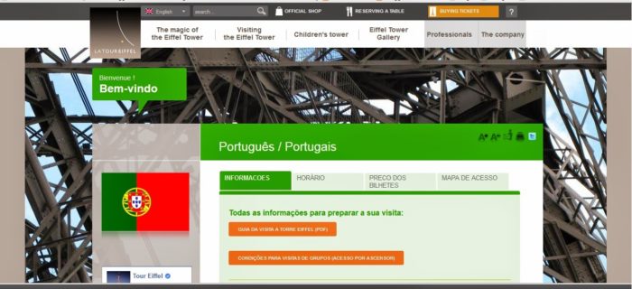 Esta é a página inicial em português, onde é possível obter informações sobre a vista, horário, preços e mapa de acesso.