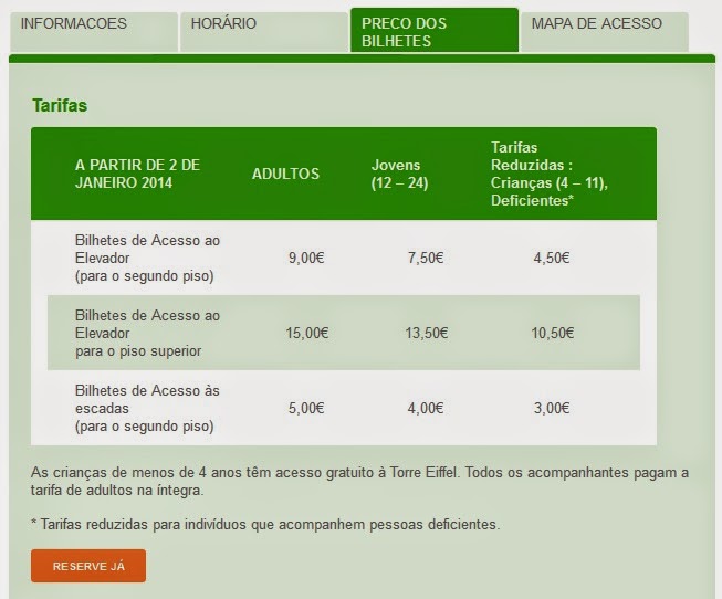 Preço dos bilhetes para acesso aos diferentes pisos. O botão "Reserve Já" direciona para o site de compras.