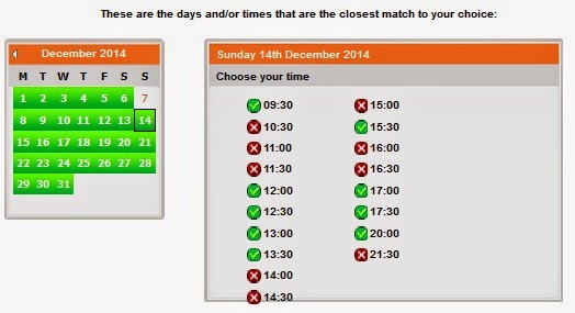 Quando há disponibilidade na data escolhida, os horários com ingressos à venda aparecem com o ícone verde.
